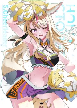 1girl ;d absurdres alternate_costume animal_ear_fluff animal_ears arm_up armpits black_hair blonde_hair blush bow bowtie breasts cheering cheerleader cleavage contrapposto criss-cross_halter floating_hair fox_ears fox_girl fox_tail halterneck highleg highleg_panties highres holding holding_pom_poms hololive large_breasts looking_at_viewer multicolored_hair navel omaru_polka one_eye_closed open_mouth orange_bow orange_bowtie panties pantyshot pink_hair pleated_skirt pom_pom_(cheerleading) pom_poms purple_eyes skirt smile solo star_(symbol) star_in_eye stomach streaked_hair sui_hi_sf sweat symbol_in_eye tail teeth underwear upper_teeth_only