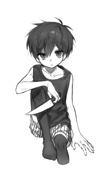 1boy antenna_hair arm_support black_tank_top black_thighhighs closed_mouth collarbone double-parted_bangs hair_between_eyes highres holding holding_knife knee_up knife looking_at_viewer makucrp male_focus omori omori_(omori) short_hair shorts simple_background solo striped_clothes striped_shorts tank_top thighhighs vertical-striped_clothes vertical-striped_shorts white_background white_shorts