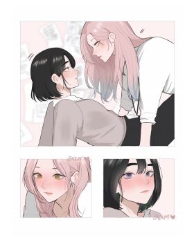 2girls alien_stage black_hair black_pants blue_streaks blush closed_mouth commentary english_commentary eye_contact gradient_hair grey_shirt highres lanyard long_hair looking_at_another mizi_(alien_stage) multicolored_hair multiple_girls pants pink_hair purple_eyes raimusoft shirt short_hair sua_(alien_stage) sweat white_shirt yellow_eyes yuri