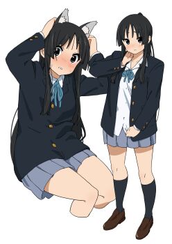 1girl absurdres akiyama_mio animal_ears black_eyes black_hair blazer blush cat_ears commentary_request highres jacket k-on! kicchi_(tmgk) loafers long_hair multiple_persona school_uniform shoes skirt socks