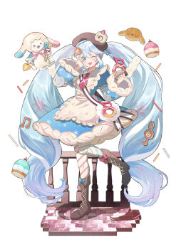 1girl absurdres animal apron aqua_eyes aqua_hair asymmetrical_legwear blue_bow blue_dress blue_eyes blue_hair blue_sleeves blush boots bow bowtie bread brown_boots brown_hat character-themed_food commentary_request cookie dessert detached_sleeves donut dress dress_bow food food-themed_clothes food-themed_hat_ornament frilled_apron frills fruit full_body fur-trimmed_dress fur-trimmed_sleeves fur_trim hair_between_eyes hair_ornament hat hat_ornament hatsune_miku highres holding holding_food knee_boots long_hair long_sleeves looking_at_viewer mismatched_legwear necktie official_alternate_costume official_alternate_hairstyle one_eye_closed open_mouth pantyhose pink_necktie puffy_sleeves rabbit_yukine short_sleeves simple_background smile snowflake_print sora_223 striped_clothes striped_pantyhose twintails two-tone_sleeves very_long_hair vocaloid wavy_hair white_apron white_background yuki_miku yuki_miku_(2026)