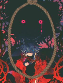 Rule 34 | 1boy, alternate color, alternate eye color, antenna hair, basil (faraway) (omori), basil (omori), black sweater vest, blonde hair, blue eyes, closed mouth, collared shirt, commentary request, crying, crying with eyes open, double-parted bangs, flower, hair between eyes, hair flower, hair ornament, highres, kauchi (kani10cauchi), looking at viewer, male focus, noose, omori, plant, red eyes, shirt, short hair, short sleeves, sidelocks, solo, spoilers, sweater vest, tears, thorns, twitter username, vines, white shirt