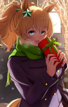 1girl animal_ears blonde_hair blue_coat blue_eyes blush box christmas coat commentary_request gift gift_box green_scarf hair_ornament highres holding holding_gift horse_ears horse_girl long_hair long_sleeves looking_at_viewer open_mouth ponytail scarf smile snowing solo star_(symbol) star_hair_ornament taiki_shuttle_(umamusume) umamusume upper_body winter_clothes y_k_(user_maxh5525)