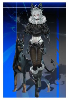 1girl absurdres ahoge alternate_costume black_boots black_jacket black_pantyhose black_skirt black_tail boots charismaing closed_mouth commentary cropped_jacket demon_tail dobermann fur-trimmed_boots fur-trimmed_jacket fur_trim grey_hair hair_between_eyes hands_in_pockets highres jacket long_hair looking_at_viewer midriff miniskirt navel pantyhose red_eyes skirt solo tail wuthering_waves zani_(wuthering_waves)