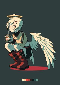1girl ahoge angel angel_wings belt belt_boots boots color_guide crop_top cup disposable_cup drinking_straw feathered_wings full_body gaako_illust hair_ornament hairclip halo highres holding holding_cup limited_palette long_sleeves midriff orange_eyes original short_hair shorts solo squatting turtleneck white_hair wings