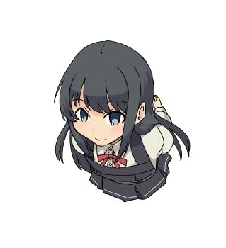 1girl absurdres arms_behind_back asashio_(kancolle) asashio_kai_ni_(kancolle) black_dress black_hair blue_eyes collared_shirt dress dress_shirt from_above highres kantai_collection long_hair looking_at_viewer pinafore_dress rockborder shirt simple_background sleeveless sleeveless_dress solo white_background white_shirt