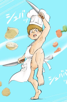 1boy angry apron armpits blue_background carrot chef_hat hat japanese_text kitchen_knife knife male_focus mog300n nipples onion original potato shota solo
