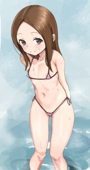 1girl 2025 absurdres beach bikini blush brown_eyes brown_hair cinn_angl female_focus flat_chest highres karakai_jouzu_no_takagi-san legs loli long_hair looking_at_viewer micro_bikini navel ocean side-tie_bikini_bottom smile solo standing stomach striped_bikini striped_clothes sweat swimsuit tagme takagi-san thighs