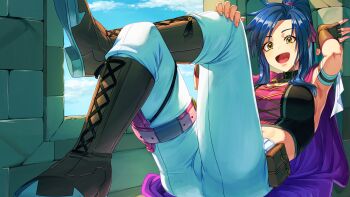 1girl :d absurdres aduti_momoyama against_wall black_vest boots brown_boots cape commentary commission commissioner_upload crossed_legs estelle_(loneshadowstar) fire_emblem fire_emblem:_radiant_dawn highres lying navel nintendo open_mouth original pants ponytail purple_cape second-party_source skeb_commission smile vest white_pants window yellow_eyes