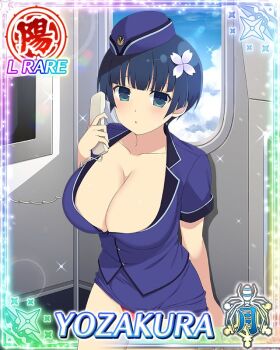 Rule 34 | 1girl, :o, airplane interior, arm behind back, arm up, blue eyes, blue hair, blush, border, bowl cut, breasts, card (medium), character name, cleavage, flight attendant, flight attendant hat, flower, formal clothes, game cg, garrison cap, hair flower, hair ornament, hat, holding, holding phone, large breasts, looking at viewer, official art, panties, pantyshot, pencil skirt, phone, red panties, senran kagura, senran kagura new wave, short hair, skirt, solo, suit, third-party source, travel attendant, underwear, yozakura (senran kagura)