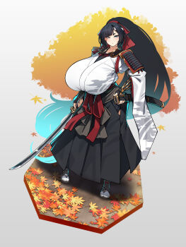 1girl absurdly_long_hair absurdres aqua_hair armor autumn_leaves black_gloves black_hair black_hakama breasts clothing_cutout faux_figurine fingerless_gloves forehead_protector full_body gigantic_breasts gloves gradient_hair grey_eyes hachimaki hair_ribbon hakama headband highres hip_vent holding holding_sheath holding_sword holding_weapon japanese_armor japanese_clothes katana kimono konoshige_(ryuun) kote leaf long_hair multicolored_hair original ponytail red_ribbon ribbon sandals scabbard sheath shoulder_armor sode solo standing sword tabi tasuki unsheathed very_long_hair weapon white_kimono wide_sleeves zouri