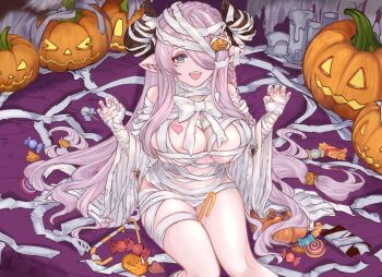 1girl absurdres bandaged_horn blue_eyes braid breasts candy claw_pose draph food granblue_fantasy hair_ornament hair_over_one_eye halloween hands_up highres horns jack-o&#039;-lantern keqikehe large_breasts long_hair looking_at_viewer mummy_costume nail_polish narmaya_(granblue_fantasy) open_mouth pink_hair pink_nails pointy_ears smile solo thighs unfinished very_long_hair