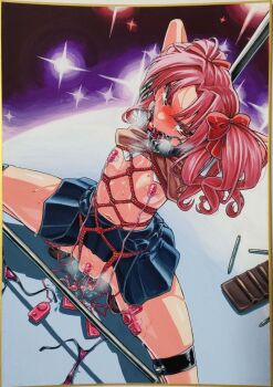 1girl anal anal_beads anal_object_insertion armband arms_behind_head arms_up ball_gag bdsm bikini blue_skirt bondage border bound bow breath brown_vest clitoral_stimulation clothes_lift collar controller drooling egg_vibrator female_focus flat_chest from_above gag gagged hair_bow half-closed_eyes highres loli looking_at_viewer medium_hair miniskirt navel nipple_stimulation no_panties object_insertion open_mouth pink_hair pleated_skirt pole purple_bikini pussy_juice red_bow red_eyes remote_control remote_control_vibrator rope saliva school_uniform sex_toy shibari shibari_over_clothes shirai_kuroko shirt shirt_lift short_sleeves simple_background skindentation skirt slave snot solo soune1000 sparkle spread_legs spreader_bar squatting steam steaming_body stomach string_bikini sweat sweater_vest swimsuit tape tears thighs toaru_kagaku_no_railgun toaru_majutsu_no_index traditional_media twintails unworn_bikini upper_body vaginal vaginal_object_insertion vest vest_lift vibrator vibrator_cord vibrator_on_nipple white_shirt yellow_border