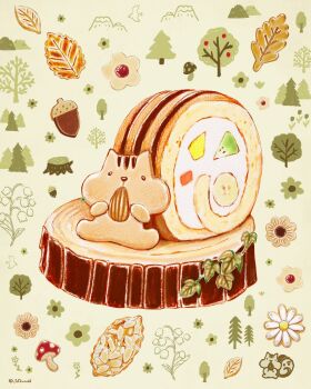 acorn cake chipmunk commentary_request cookie flower food food_focus highres mushroom no_humans original saku_sakuraba16 squirrel swiss_roll tree