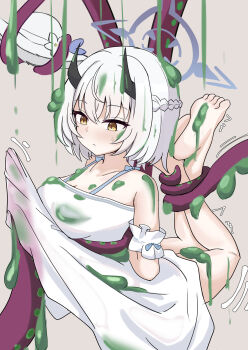 Rule 34 | 1girl, ambiguous green liquid, bare shoulders, barefoot, black horns, blue archive, bound ankles, breasts, clothes lift, demon girl, demon horns, dress, dress lift, grey background, grey halo, halo, hat, highres, horns, large breasts, no headwear, official alternate costume, pan-chan (blue archive), peppo-mk3, sena (blue archive), sena (casual) (blue archive), short hair, simple background, solo, sun hat, sundress, sweatdrop, tentacles, trembling, white dress, white hair, yellow eyes