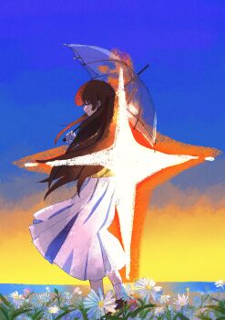 1girl absurdres brown_hair closed_eyes field fleabane flower flower_field full_body gradient_sky highres holding holding_umbrella long_hair long_skirt saihate_eki skirt sky smile socks solo sparkle standing sunset tenjiku_aoi transparent transparent_umbrella umbrella white_flower white_skirt white_socks yamidya