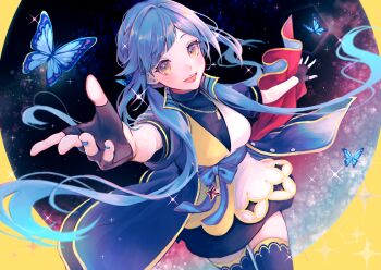 1girl :d black_dress black_gloves black_thighhighs blue_hair blue_jacket blush bug butterfly commentary_request cowboy_shot dress fingerless_gloves gensou_aporo gloves highres insect jacket jewelry long_hair looking_at_viewer necklace open_clothes open_jacket open_mouth original outstretched_arm short-sleeved_jacket short_sleeves smile solo thighhighs yellow_eyes zettai_ryouiki