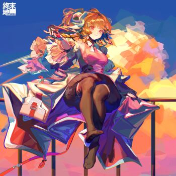 1girl absurdres animal_ears ardelia_(arknights) arknights arknights:_endfield braid brown_hair brown_thighhighs cloud copyright_logo curled_horns eyjafjalla_(arknights) fingerless_gloves gloves hair_ornament hairclip highres horns jian_jia logo looking_at_viewer no_shoes on_railing outdoors parted_lips pink_eyes railing sheep_ears sheep_girl sheep_hair_ornament sheep_horns sitting solo thighhighs