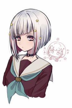 1girl aqua_neckerchief black_choker bob_cut brown_dress chibi chibi_inset choker closed_mouth collarbone colored_inner_hair commentary_request cropped_torso dress expressionless grey_hair hair_ornament hasu_no_sora_school_uniform highres hiyori_(20hiyori727) inverted_bob link!_like!_love_live! long_sleeves looking_at_viewer love_live! multicolored_hair multiple_views neckerchief o-ring o-ring_choker pink_eyes red_hair red_streaks sailor_collar sailor_dress school_uniform star_(symbol) star_hair_ornament streaked_hair translation_request virtual_youtuber white_sailor_collar yugiri_tsuzuri