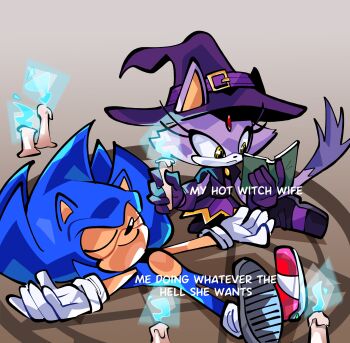 1boy 1girl absurdres alternate_costume animal_ears blaze_the_cat book candle cat_ears cat_girl cat_tail english_text forehead_jewel hat hedgehog_boy highres holding holding_book holding_candle lying magic_circle meme my_hot_witch_wife_(meme) official_alternate_costume on_back reading ritual shmokeymoe smile sonic_(series) sonic_the_hedgehog tail witch witch_hat yellow_eyes