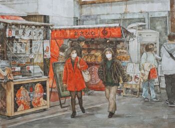 2girls 4girls billboard building food_stand mask menu_board mouth_mask multiple_girls original painting_(medium) path road scenery shiki4winter sign street traditional_media