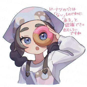 1girl ansha_(pokemon) apron black_hair blue_eyes braid child commentary_request donut food headscarf highres holding holding_donut holding_food komyu_ekaki long_hair nintendo open_mouth pokemon pokemon_legends:_z-a shirt simple_background solo teeth translation_request twin_braids upper_body upper_teeth_only white_background white_shirt