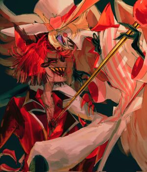 Rule 34 | 2boys, alastor (hazbin hotel), angel, angel wings, blonde hair, blood, blood from mouth, blood on clothes, commentary request, deardemon1933, deer boy, demon boy, demon horns, formal clothes, hair slicked back, hashtag-only commentary, hazbin hotel, hellaverse, highres, horns, lucifer morningstar (hazbin hotel), male focus, multiple boys, multiple wings, red eyes, red hair, seraph, sharp teeth, slit pupils, suit, teeth, wings