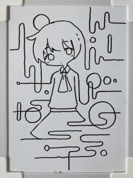 Rule 34 | 1girl, abstract, ascot, circle, collared shirt, colo (frypan soul), cowboy shot, greyscale, head tilt, high contrast, highres, looking at viewer, monochrome, original, shapes, shirt, shirt tucked in, short hair, simple background, skirt, solo, standing, traditional media, white background, whiteboard (medium)