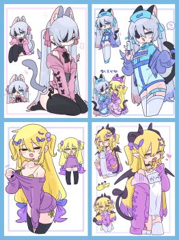 ... 2boys :/ :o animal animal_ear_fluff animal_ears animal_print armpit_crease arms_between_legs bare_shoulders beads black_choker black_corset black_eyes black_panties black_ribbon black_skirt black_tail black_thighhighs blonde_hair blue_border blue_bow blue_cardigan blue_eyes blue_hair blue_hat blue_leotard blue_panties blue_skirt blush border bow bra bulge cardigan cat_boy cat_ears cat_tail chibi choker claw_pose cleavage_cutout clothes_pull clothing_cutout collarbone colored_tips commentary corset covered_navel covering_crotch covering_privates cowboy_shot crossdressing crossdressing_(mtf) demon_boy demon_tail demon_wings double-parted_bangs earclip extra_ears eyepatch fang fish fish_print flipped_hair frilled_shirt_collar frills full_body green_eyes grey_horns grey_tail grey_wings hair_beads hair_between_eyes hair_bow hair_ornament hand_up hands_up hat heart highres holding holding_syringe horns kapela_(op_na_yarou) large_syringe latex latex_leotard leaning_forward leotard light_blush long_hair long_sleeves looking_at_viewer male_focus mini_wings miniskirt multicolored_hair multiple_boys multiple_hair_bows multiple_views name_tag narrowed_eyes neck_ribbon no_nose no_pants nurse nurse_cap off_shoulder one-piece_swimsuit one_eye_covered op_na_yarou open_cardigan open_clothes open_mouth original oversized_object panties panty_peek pink_bow pink_cardigan pink_shirt pink_skirt pointing pointing_at_self pointy_ears print_hat purple_bow purple_hair purple_hat purple_leotard purple_sweater purple_tail quad_tails raised_inner_eyebrows red_hair ribbon rigel_(op_na_yarou) school_swimsuit see-through_clothes see-through_skirt seiza shirt side-tie_panties sidelocks simple_background sitting skin_fang skirt sleeveless sleeveless_shirt sleeves_past_fingers sleeves_past_wrists speech_bubble spoken_ellipsis spoken_heart standing straight_hair sweat sweater swimsuit swimsuit_under_clothes syringe tail tail_grab tail_ornament tail_ribbon thigh_strap thighhighs thighs tongue tongue_out trap two-tone_hair two_side_up underwear upper_body v v-shaped_eyebrows v_arms very_long_hair watermark white_background white_hair white_one-piece_swimsuit white_thighhighs wings yellow_bow yellow_bra yellow_eyes yellow_panties