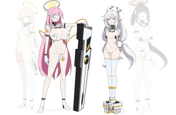 3girls 4girls absurdres alternate_costume alternate_halo atrotecha bdsm black_hair blindfold blindfold_mask blue_archive boots bound bound_ankles breasts commentary_request covered_eyes eimi_(blue_archive) full_body gag gloves grey_hair groin gun halo high_heels highres himari_(blue_archive) huge_breasts large_breasts lock long_hair looking_at_viewer low_twintails maebari mask medium_breasts milking_machine mind_control multiple_girls navel padlock pasties pink_hair pointy_ears ponytail restrained revealing_clothes rio_(blue_archive) shrug_(clothing) simple_background small_breasts smile standing stationary_restraints stomach thighhighs toki_(blue_archive) twintails very_long_hair weapon white_background white_gloves white_hair white_thighhighs yellow_eyes