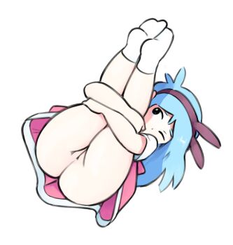 1girl ass blue_hair bow cleft_of_venus colored_skin dress female_focus full_body full_cleft hairband huge_ass knees_up loli lying nude on_back original pussy simx socks solo thick_thighs thighs uncensored white_background white_skin wide_hips zoey_(simx)