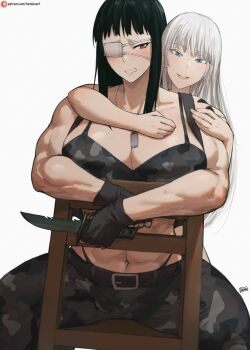 Rule 34 | 2girls, abs, batako (batakoart), black gloves, black hair, blue eyes, blush, bra, breasts, camouflage, camouflage bra, camouflage pants, chair, combat knife, commentary, dog tags, english commentary, eyepatch, gloves, highres, hime cut, holding, holding knife, jormungand (manga), knife, koko hekmatyar, large breasts, long hair, medical eyepatch, multiple girls, muscular, muscular female, navel, on chair, pants, red eyes, sofia valmer, underwear, weapon, white background, white hair, yuri