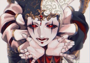 1girl black_sclera blackberreh-art blush clown colored_sclera colored_skin design_speculation doll doll_joints eyelashes grin hat highres jester_cap joints lips makeup mannequin neck_ruff nikola_orsinov no_eyebrows nose red_eyes red_lips smile solo the_magnus_archives white_background white_skin