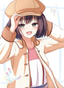 1230_mochi 1girl :d arm_behind_head arms_up blue_butterfly blush brown_hat bug butterfly collared_jacket commentary glowing_butterfly grey_eyes hair_between_eyes hand_on_headwear happy hat highres insect jacket long_sleeves looking_at_viewer medium_hair nanami_(summer_pockets) newsboy_cap open_clothes open_jacket open_mouth purple_hair shirt simple_background smile solo straight_hair summer_pockets suspenders upper_body white_background white_shirt yellow_jacket