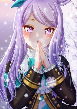 Rule 34 | 1girl, animal ears, aqua bow, aqua bowtie, black jacket, blush, bow, bowtie, coat, commentary request, dated commentary, ear bow, ear ribbon, frilled coat, frilled jacket, frills, highres, horse ears, horse girl, jacket, long hair, long sleeves, looking at viewer, mejiro mcqueen (frontline elegance) (umamusume), mejiro mcqueen (umamusume), open mouth, otono (bkt4b), purple eyes, purple hair, ribbon, shirt, snow, solo, striped clothes, striped shirt, umamusume, upper body