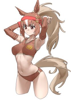 1girl animal_ears bare_shoulders brown_buruma brown_eyes brown_hair brown_sleeves brown_sports_bra buruma chestnut_thoroughbred_(kemono_friends) commentary cowboy_shot detached_sleeves extra_ears hair_between_eyes hand_in_own_hair headgear highres horse_ears horse_girl horse_tail japari_symbol kemono_friends midriff multicolored_hair navel ponytail short_hair sidelocks solo sports_bikini sports_bra sportswear tail tanabe_(fueisei) track_and_field two-tone_hair white_hair white_trim