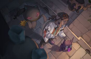 1boy alley banette brown_hair collared_shirt commentary_request dark-skinned_male dark_skin eyelashes from_above gen_3_pokemon gen_6_pokemon green_necktie highres jacket long_hair long_sleeves male_focus naveen_(pokemon) necktie nintendo open_clothes open_jacket open_mouth orange_vest outdoors pants phantump pokemon pokemon_(creature) pokemon_legends:_z-a purple_eyes purple_shoes sableye shirt shoes standing sweat tensen_(dotted_line) vest white_jacket