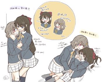 2girls black_jacket blazer blue_eyes bow brown_hair collared_shirt commentary crescent crescent_hair_ornament english_commentary grey_sweater hair_bow hair_ornament half_updo hand_on_another's_cheek hand_on_another's_face jacket long_hair long_sleeves love_live! love_live!_nijigasaki_high_school_idol_club miniskirt mochi_(mamelive228) multiple_girls multiple_views nakasu_kasumi neck_ribbon nijigasaki_school_uniform open_mouth osaka_shizuku pink_eyes pleated_skirt red_bow ribbon role_reversal school_uniform shirt short_hair skirt smile sweater translation_request white_shirt white_skirt winter_uniform yellow_ribbon yuri