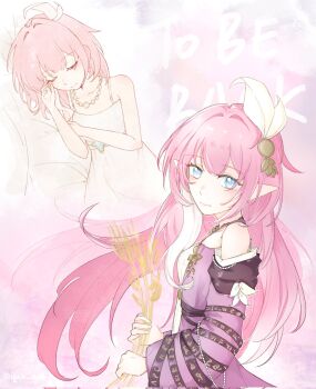 2girls bare_shoulders blue_eyes breasts coat commentary_request cyrene_(aedes_elysiae)_(honkai:_star_rail) cyrene_(honkai:_star_rail) dress dual_persona hair_ornament highres holding_wheat honkai:_star_rail honkai_(series) ignis_chun jewelry long_hair looking_at_viewer multicolored_hair multiple_girls necklace pink_hair purple_coat short_hair small_breasts two-tone_hair very_long_hair white_dress white_hair