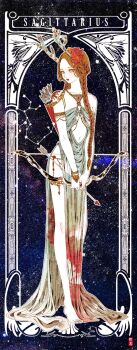 1girl armlet arrow_(projectile) barefoot body_chain border bow_(weapon) bracelet braid brown_eyes brown_hair clothing_cutout commentary_request dress flat_chest flower full_body gold_bracelet gold_thighlet hair_flower hair_ornament highres holding holding_arrow holding_bow_(weapon) holding_weapon horns jewelry korean_commentary libet long_dress long_hair looking_at_viewer navel o-ring o-ring_dress open_mouth original ornate_border quiver red_flower red_lips sagittarius_(zodiac) sky sleeveless sleeveless_dress solo standing star_(sky) starry_sky stomach_cutout thighlet toenails turning_head twin_braids very_long_hair weapon white_dress zodiac