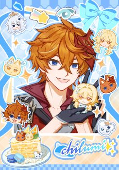 1boy 2girls animal_ears black_gloves blonde_hair blue_eyes cake commentary couple english_text flower food fox_boy fox_ears genshin_impact gloves hair_flower hair_ornament hetero highres lumine_(genshin_impact) mask mask_on_head multiple_girls orange_hair paimon_(genshin_impact) ritsu82056317 short_hair smile sparkle symbol-only_commentary tartaglia_(genshin_impact)