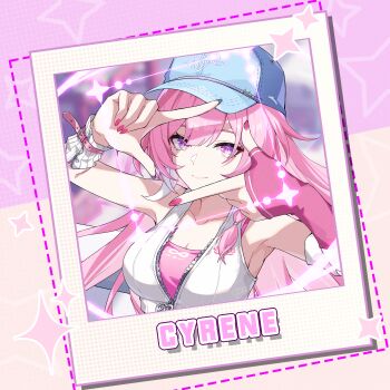 1girl absurdres blue_hat breasts character_name chinese_commentary cleavage commentary_request crop_top cyrene_(anta)_(honkai:_star_rail) cyrene_(demiurge)_(honkai:_star_rail) cyrene_(honkai:_star_rail) diamond-shaped_pupils diamond_(shape) hat highres honkai:_star_rail honkai_(series) large_breasts long_hair multicolored_hair official_alternate_costume pink_hair purple_eyes smile solo srf_feng symbol-shaped_pupils two-tone_hair very_long_hair white_hair