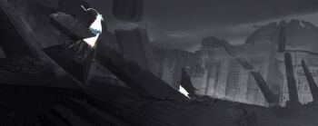 2others absurdres black_cloak broken broken_pillar broken_wall cloak crack cracked_floor cracked_wall debris dome floating floating_object floating_rock glowing hat highres looking_at_another multiple_others original pillar quality rainbow_gradient rock rubble stairs standing sword torn_clothes weapon white_cloak yinwoeren