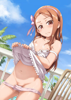 1girl beach blush bow bow_panties breasts brown_eyes brown_hair clothes_lift cloud dress dress_lift dutch_angle female_focus flashing idolmaster idolmaster_(classic) loli long_hair looking_at_viewer matching_hair/eyes minase_iori navel nipples outdoors panties panty_pull shirt_lift sky small_areolae small_breasts small_nipples solo source_request ttomm underwear