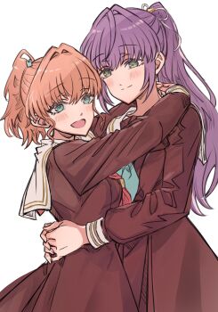 2girls :d aqua_eyes aqua_neckerchief arms_around_neck arms_around_waist blush brown_dress cerise_bouquet chinese_commentary closed_mouth commentary_request cowboy_shot dress green_eyes hair_intakes hair_ornament hair_ribbon hairstyle_connection hasu_no_sora_school_uniform highres hinoshita_kaho hug junjun_(kimi-la) link!_like!_love_live! long_hair long_sleeves looking_at_another looking_at_viewer love_live! medium_dress medium_hair mixed-language_commentary multiple_girls neckerchief official_alternate_hairstyle on_your_mark_(love_live!) open_mouth orange_hair otomune_kozue pleated_dress ponytail purple_hair rabbit_hair_ornament red_neckerchief ribbon sailor_collar sailor_dress school_uniform sidelocks smile split_mouth triangle_hair_ornament virtual_youtuber white_ribbon white_sailor_collar winter_uniform