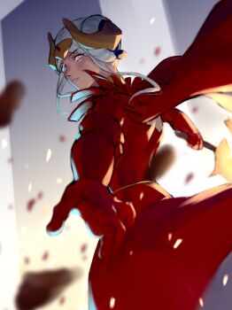 Rule 34 | 1girl, absurdres, arm up, axe, aymr (fire emblem), battle axe, blurry, blurry background, double bun, dress, edelgard von hresvelg, edelgard von hresvelg (timeskip), fake horns, fire emblem, fire emblem: three houses, glowing, glowing weapon, hair bun, headpiece, highres, holding, holding weapon, horns, light particles, looking at viewer, looking to the side, nintendo, parted lips, purple eyes, reaching, reaching towards viewer, red dress, sabergoetia, solo, upper body, weapon, white hair