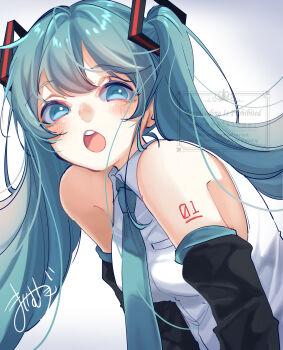 1girl absurdres arm_tattoo bare_shoulders blue_eyes blue_hair blue_necktie blue_trim blush breasts closed_mouth collared_shirt commentary_request detached_sleeves hair_between_eyes hatsune_miku highres long_hair looking_at_viewer mai_mugi medium_breasts necktie number_tattoo open_mouth shirt signature simple_background sleeveless sleeveless_shirt smile solo tattoo twintails twitter_username upper_body very_long_hair vocaloid watermark white_background white_shirt