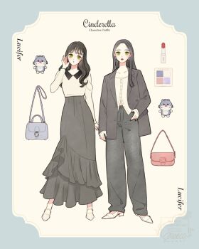 1girl animification black_hair cinderella_(disney_movie) dual_persona earrings fashion full_body genderswap green_eyes highres humanization jewelry long_hair long_sleeves looking_at_viewer lucifer_(disney) meecosme shirt shoes simple_background skirt solo standing white_shirt white_shoes