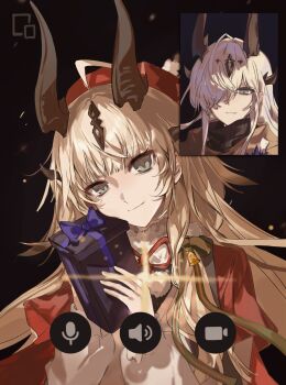 2girls ahoge arknights black_background black_horns blonde_hair blue_eyes box cape closed_mouth commentary dragon_girl dragon_horns fake_phone_screenshot fake_screenshot gift gift_box hair_over_one_eye highres holding holding_box holding_gift horns long_hair looking_at_viewer multiple_girls necrass_(arknights) official_alternate_costume one_eye_covered oneyife1 red_cape reed_(arknights) reed_the_flame_shadow_(arknights) reed_the_flame_shadow_(glowing_flame_in_the_night)_(arknights) smile solo_focus symbol-only_commentary video_call
