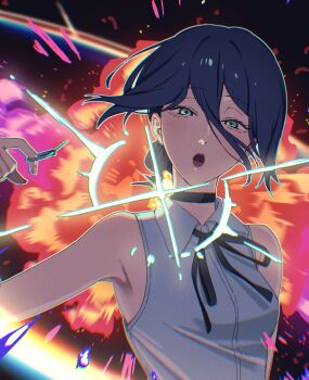 1girl black_choker black_ribbon chainsaw_man choker explosion explosion_background green_eyes grenade_pin hair_between_eyes hair_bun highres neck_ribbon pull_cord reze_(chainsaw_man) ribbon rinzawa shirt single_hair_bun sleeveless sleeveless_shirt